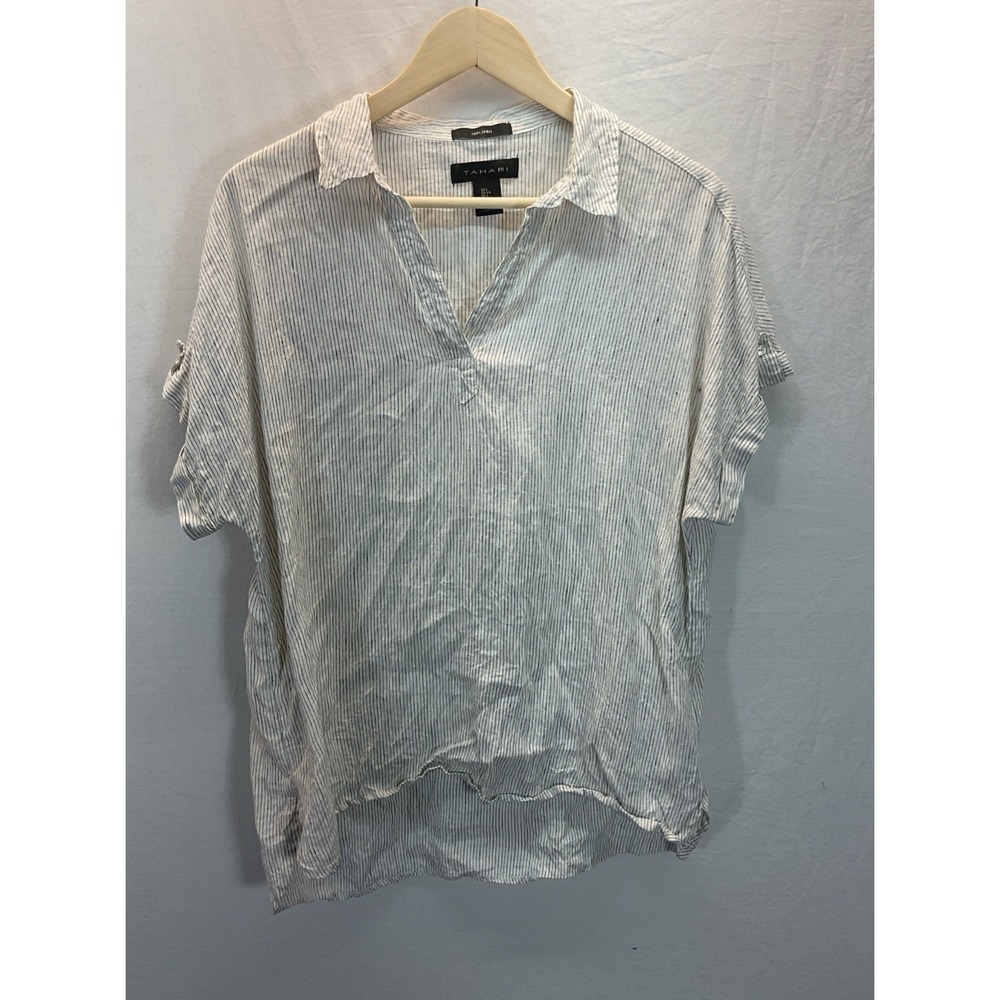 Tahari Ivory 100% Linen‎ Striped V Neck  Top Sz L Beach Casual Summer Travel